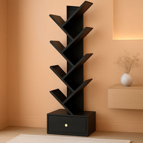 8 Tier Tree Bookshelf Drawer Freestanding Black Bookcase-0