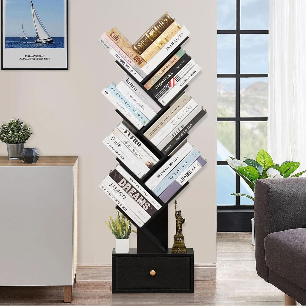 8 Tier Tree Bookshelf Drawer Freestanding Black Bookcase-1