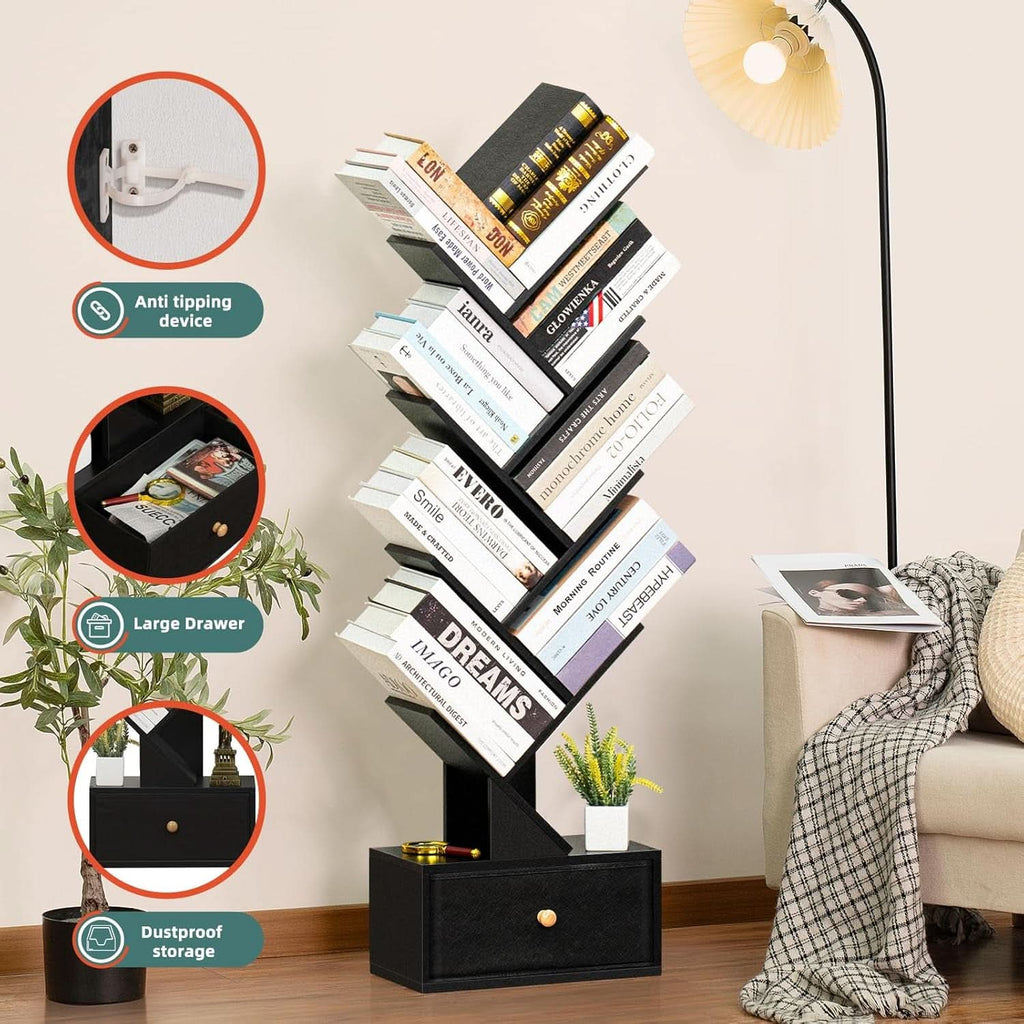 8 Tier Tree Bookshelf Drawer Freestanding Black Bookcase-4