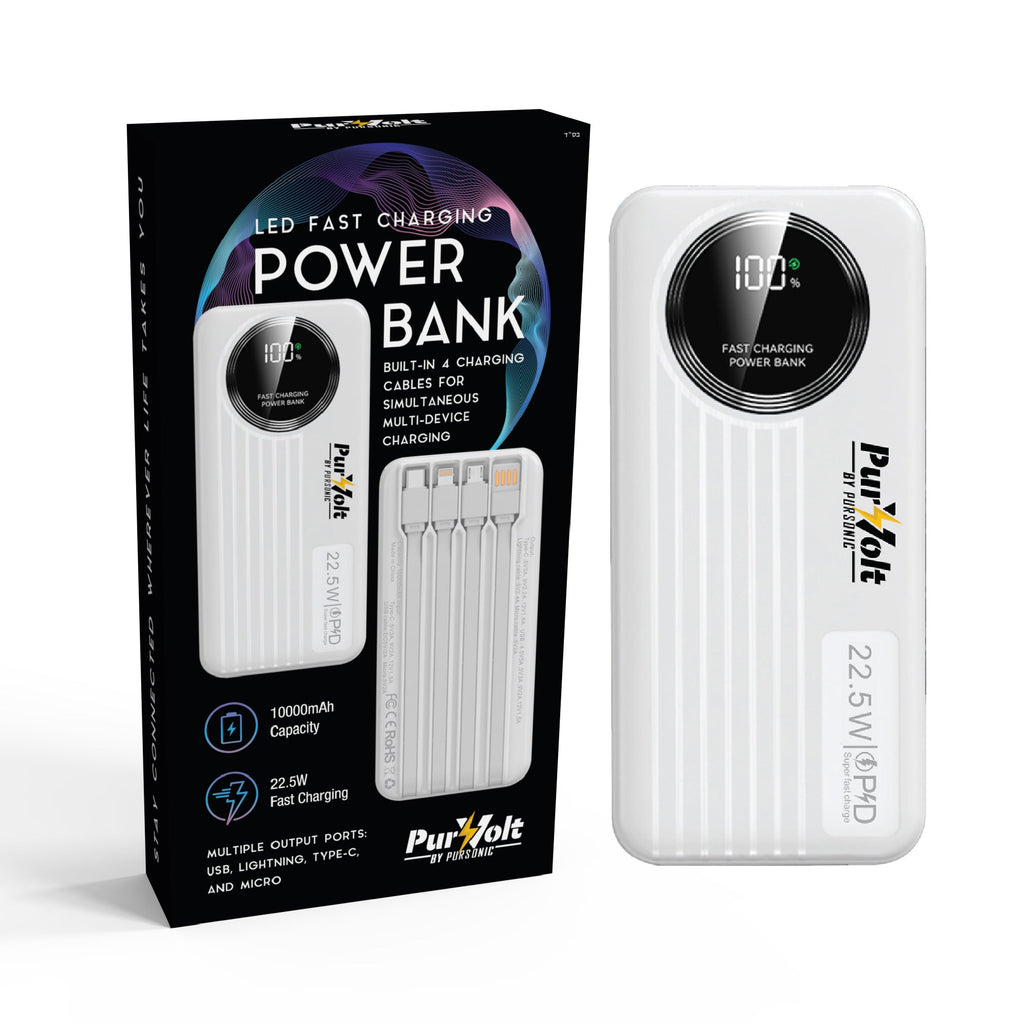 Pursonic 10,000mAh LED Fast Charging Power Bank – Built-in Cables, 22.5W Output, Type-C/USB/Lightning Compatibility-0